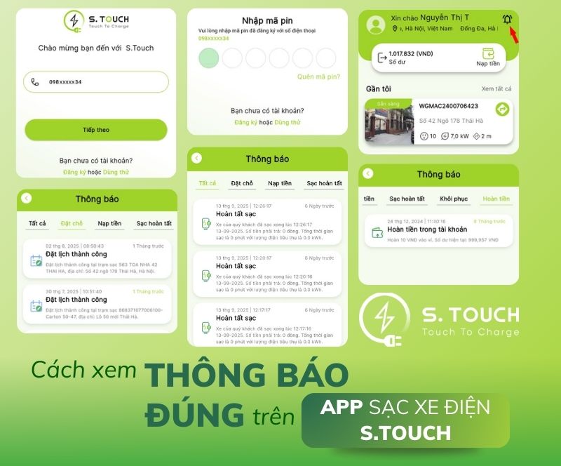 Cách xem thông báo đúng trên app sạc xe điện S.TOUCH