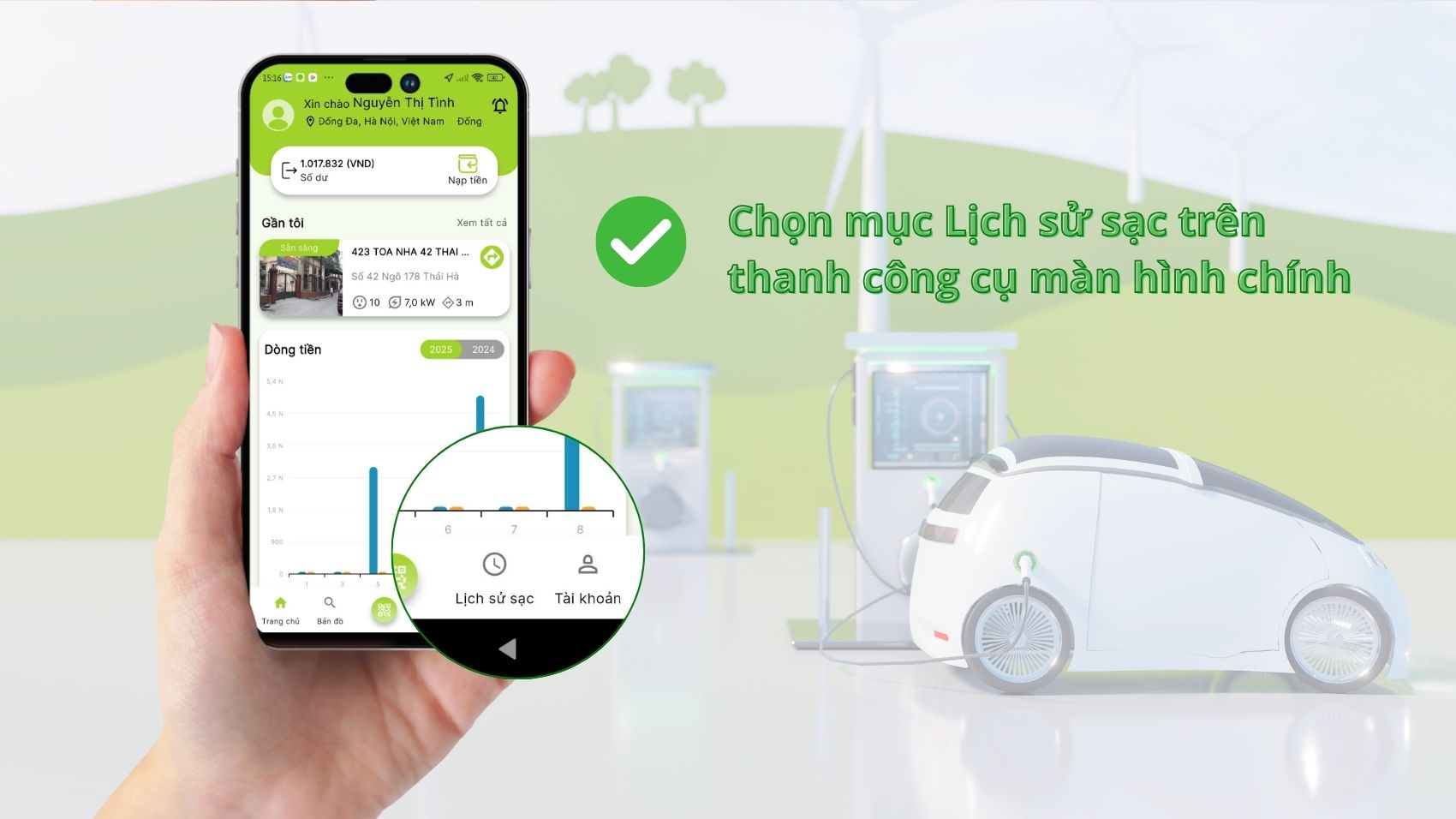 lấy hóa đơn điện tử trên ứng dụng sạc xe điện